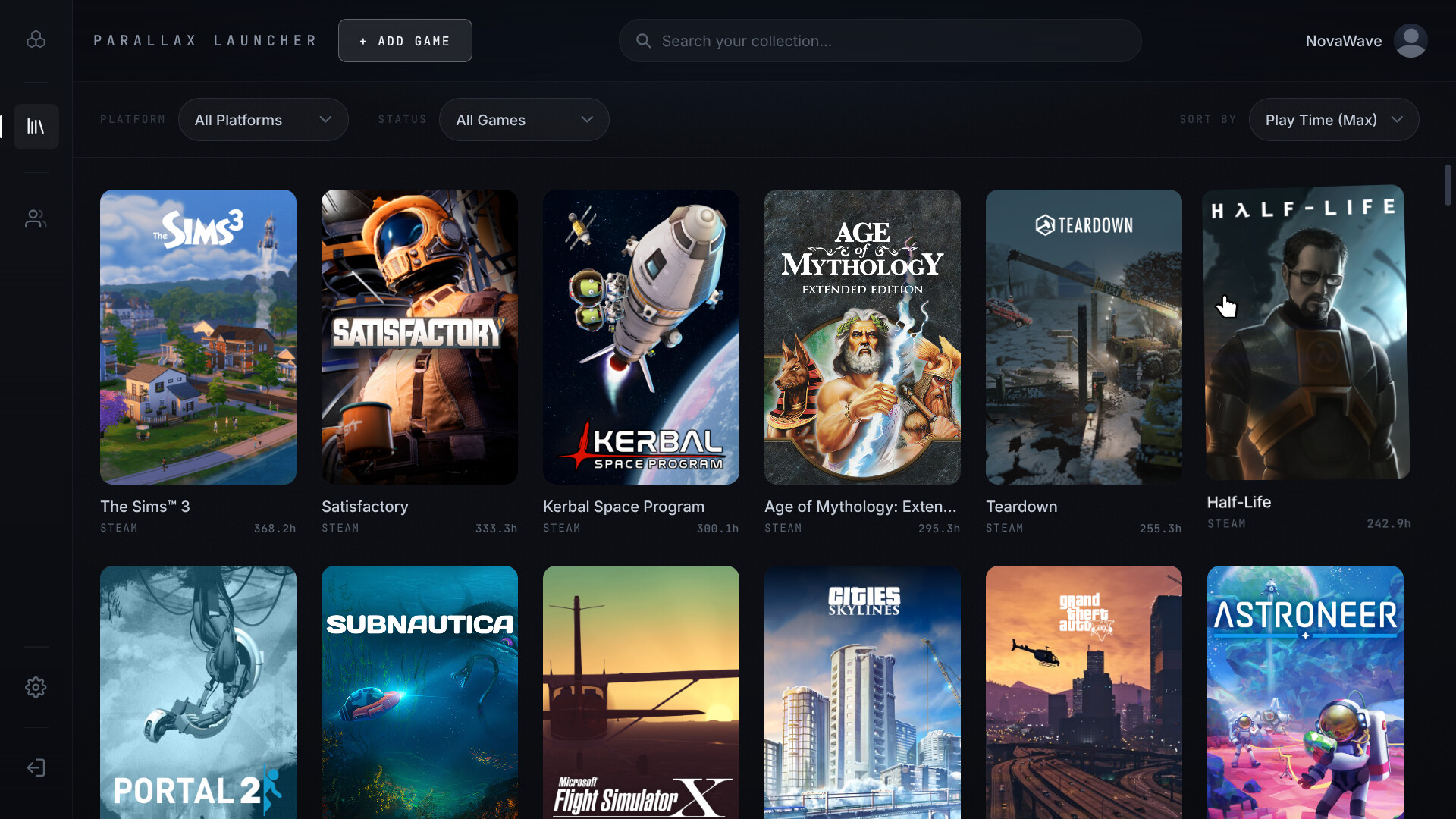 The Parallax Launcher library: a grid of game cover art over a dark starfield.
