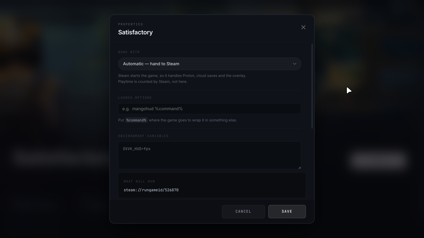 The per-game compatibility settings in Parallax Launcher.
